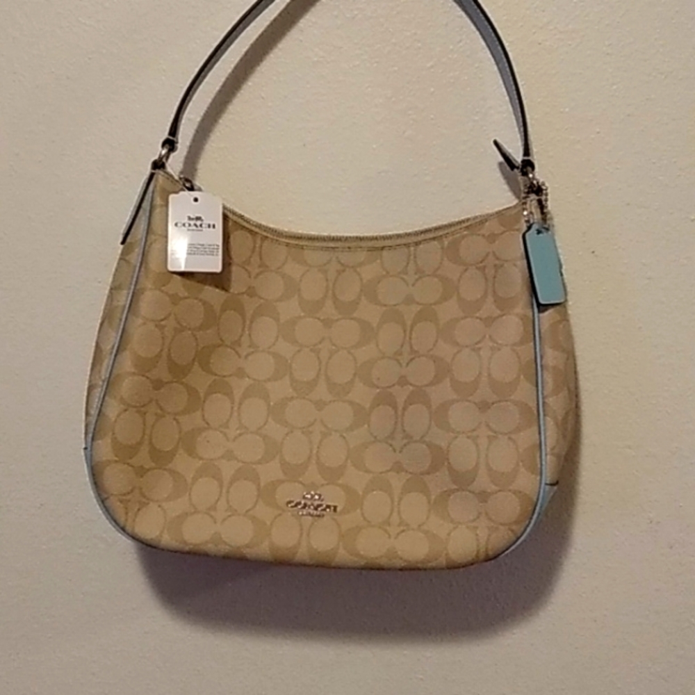 Coach light blue zip shoulder bag signature jacquard